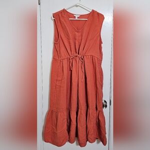 Time & Tru Coral Orange Sleeveless Drawstring Waist Midi Dress